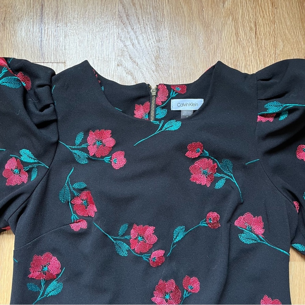 Calvin Klein Black Dress with Red Rose Embroidery - Size 10 - Picture 9 of 10